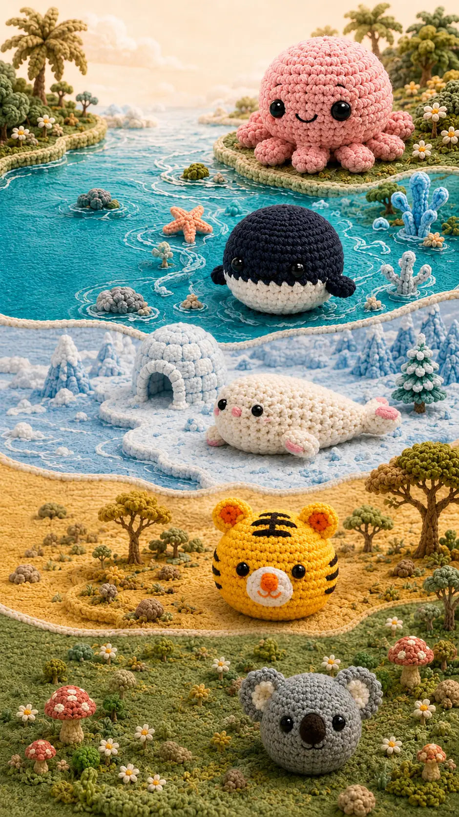 La carte du monde Cocooze : L'Océan Joyeux, Le Royaume Givré, La Savane Ensoleillée et La Forêt Douillette.