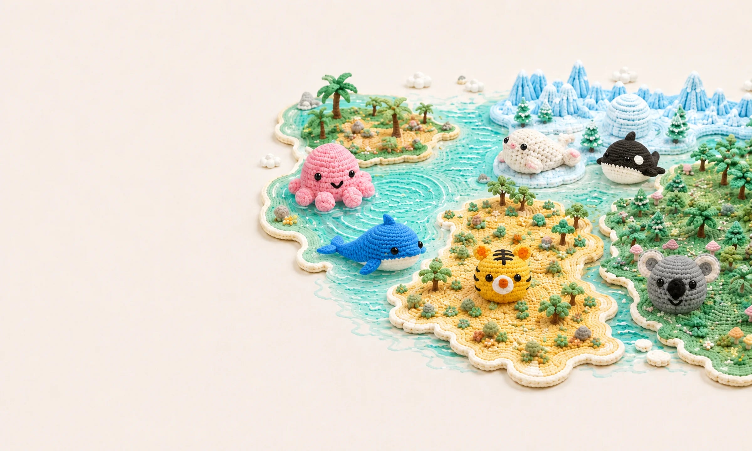 La carte du monde Cocooze : L'Océan Joyeux, Le Royaume Givré, La Savane Ensoleillée et La Forêt Douillette.
